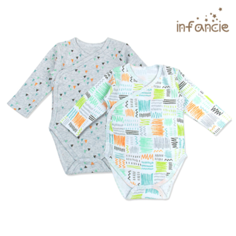 Infancie Newborn Baby Kimino Long Sleeves Bodysuit Set of 2 Pcs (100% Cotton) Grey / Green